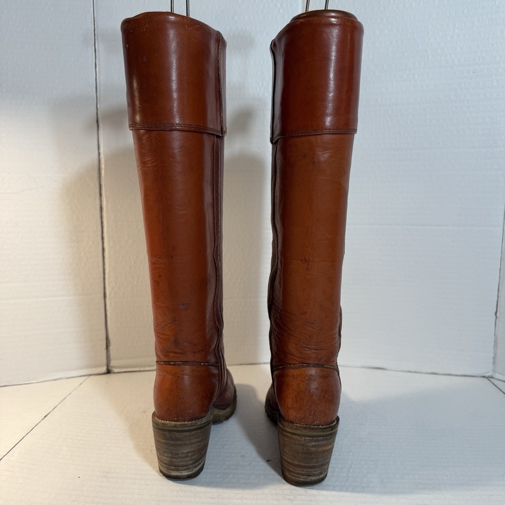 VTG Frye Campus Boots Sz 6 70s Knee High Cuff Black Label Cognac Orig Box USA - Picture 5 of 16